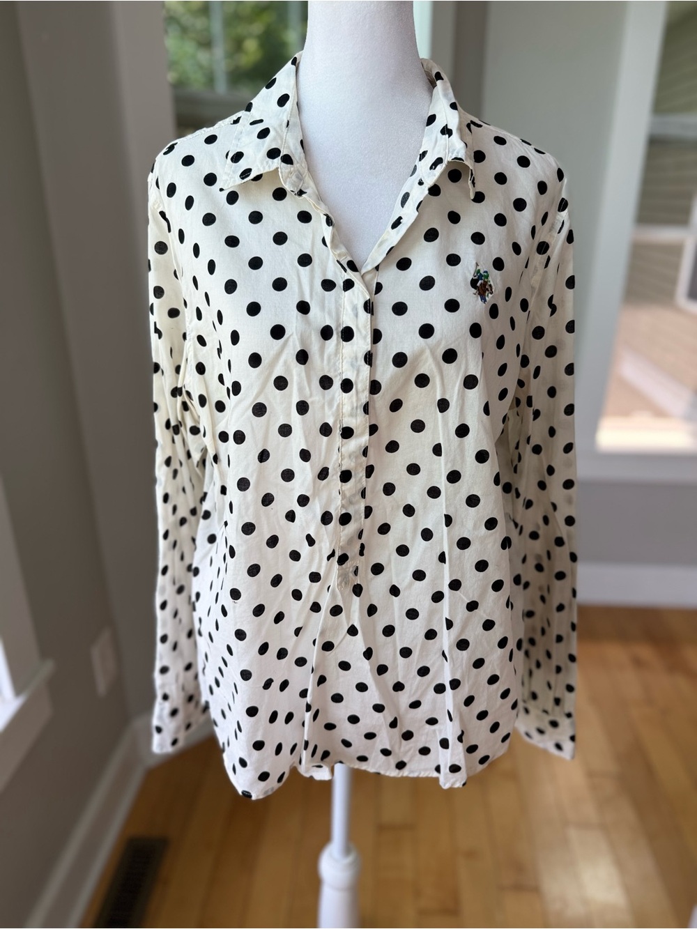 U.S. Polo Assn. Black Ivory Cotton Polka Dot Button Up Shirt Top Sz Large